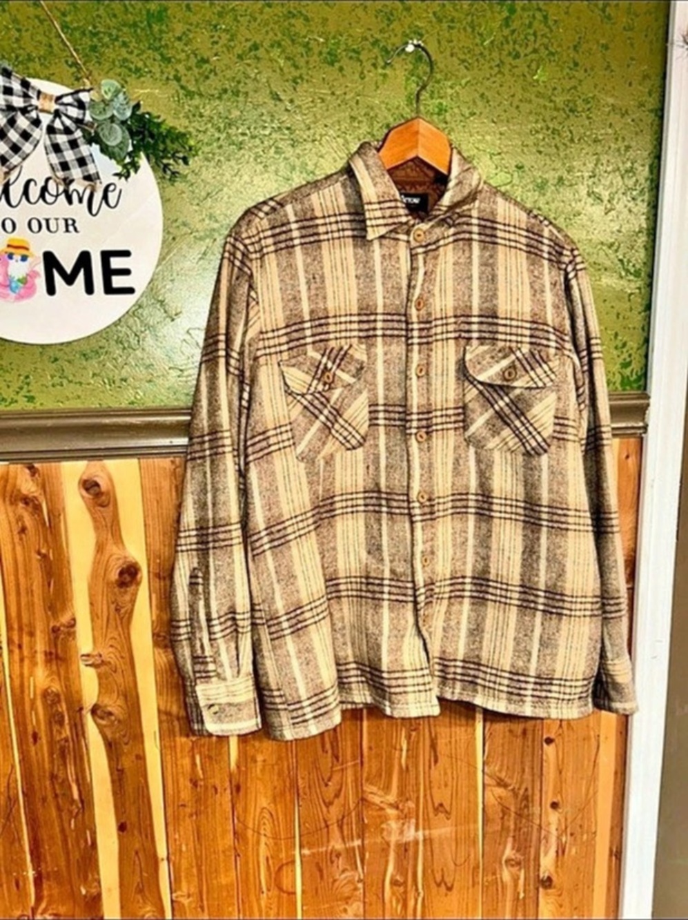 Arrow Plaid Shirt Jacket in Brown & Beige Like New